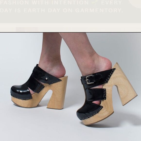 Rachel Comey Black Leather / wood heel Platform Clogs, US9 - Picture 1 of 11